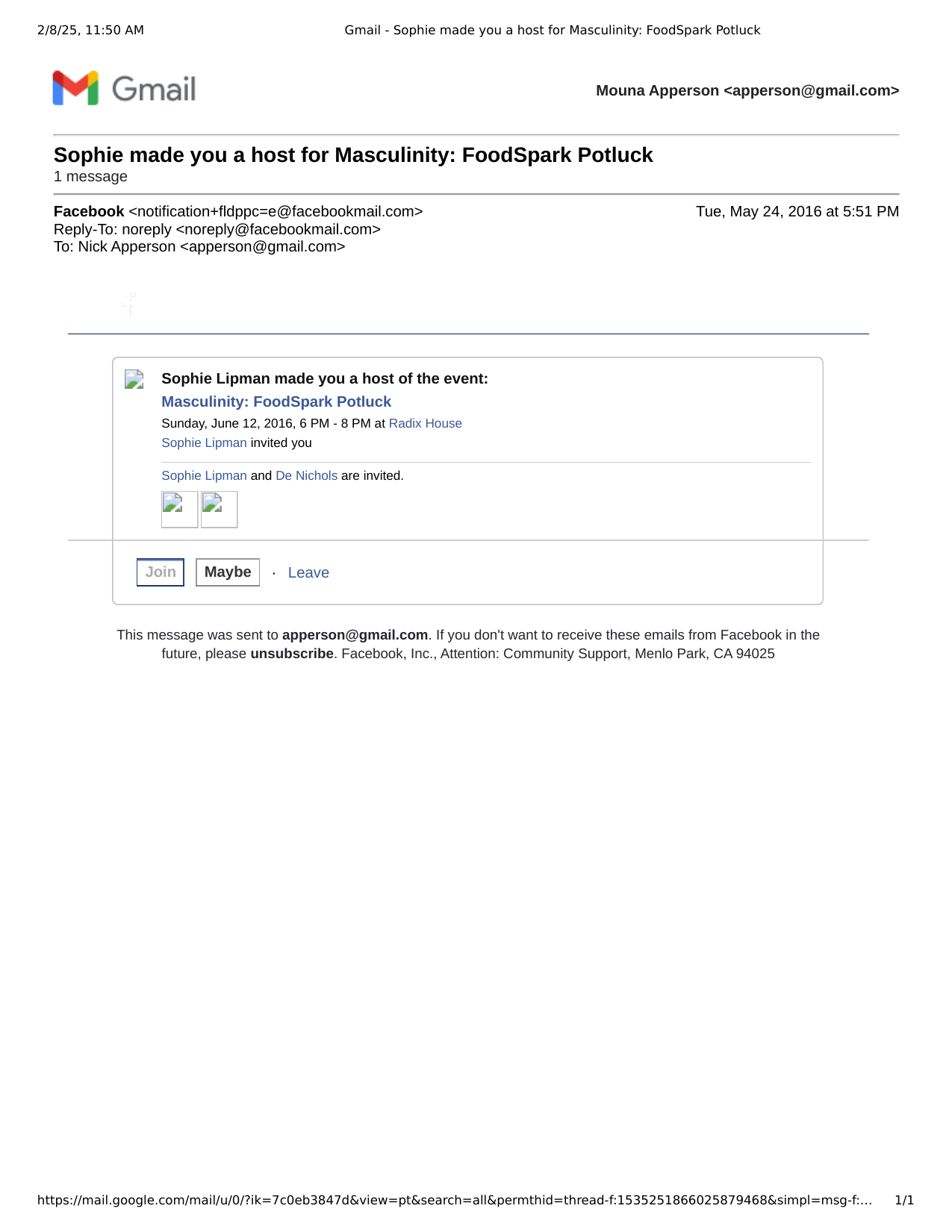 Facebook host confirmation email
