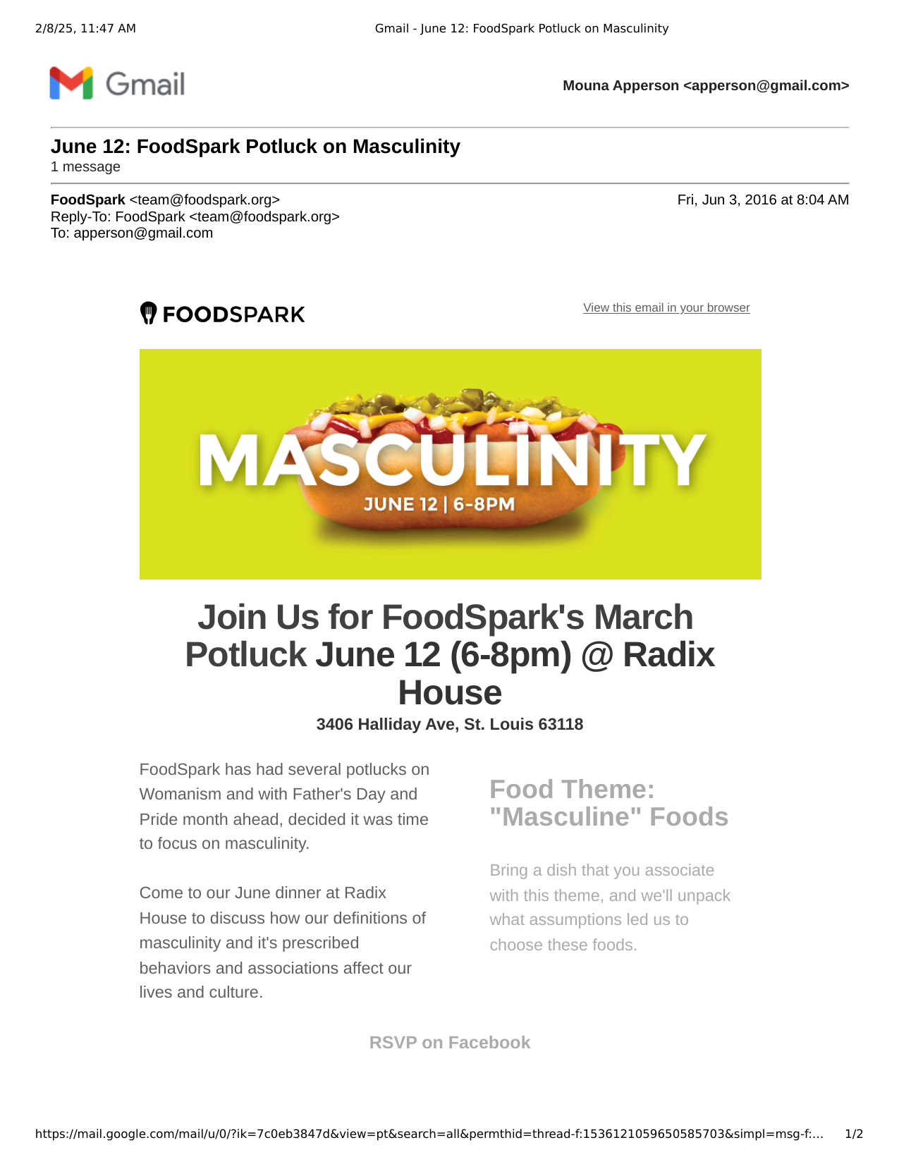 FoodSpark confirmation email, page 1