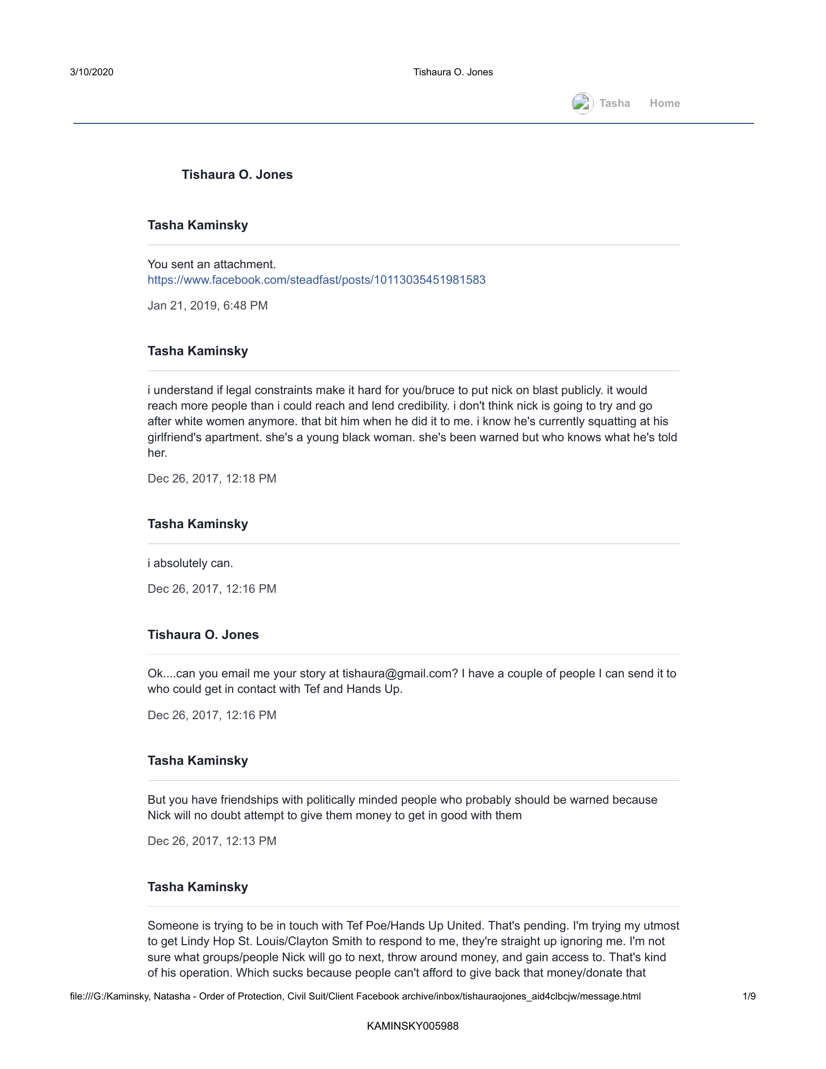 Page 1 of 9: Tasha Kaminsky and Tishaura O. Jones Facebook messages