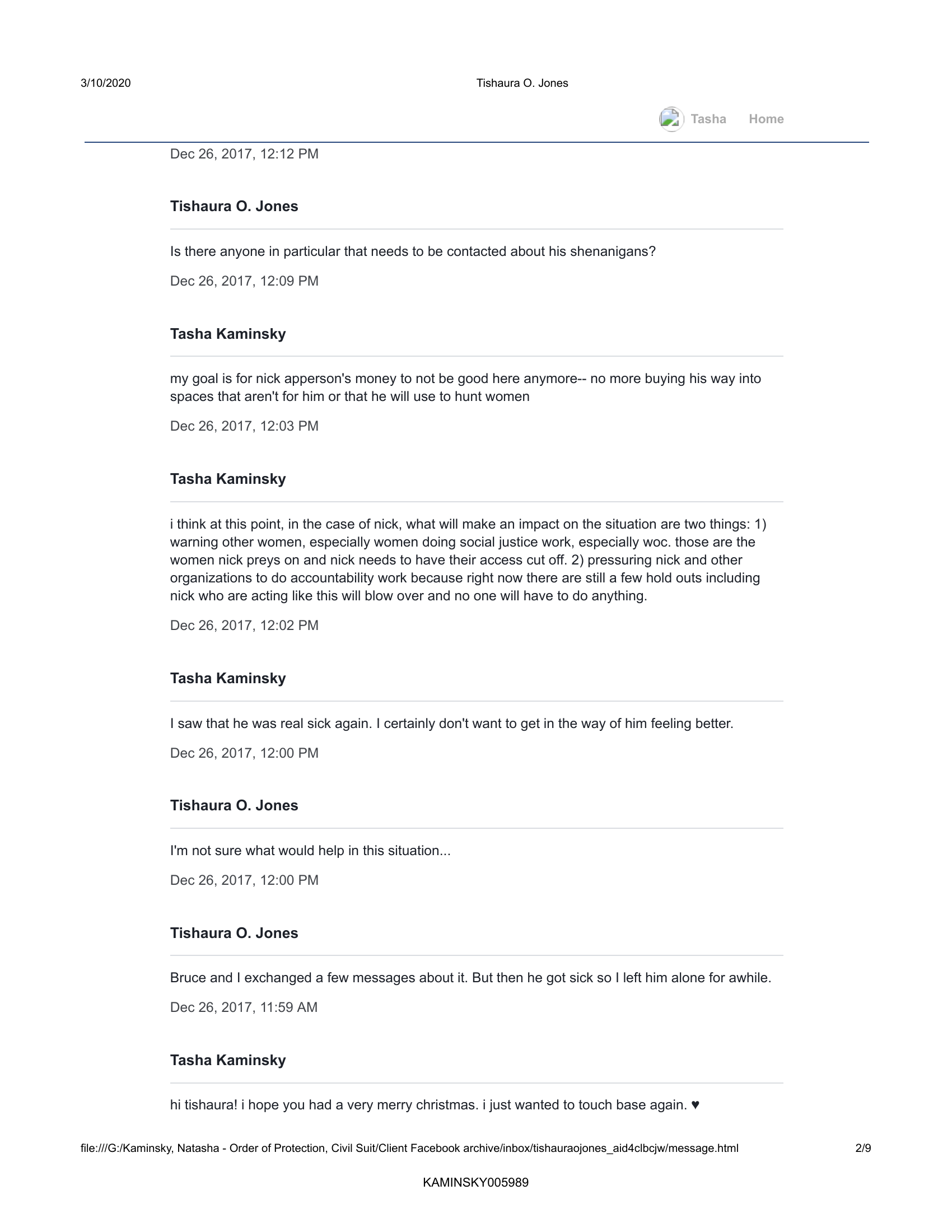 Page 2 of 9: Tasha Kaminsky and Tishaura O. Jones Facebook messages