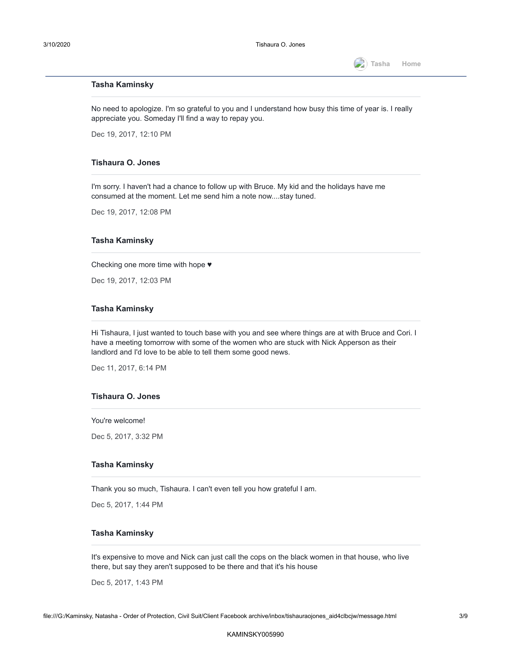 Page 3 of 9: Tasha Kaminsky and Tishaura O. Jones Facebook messages