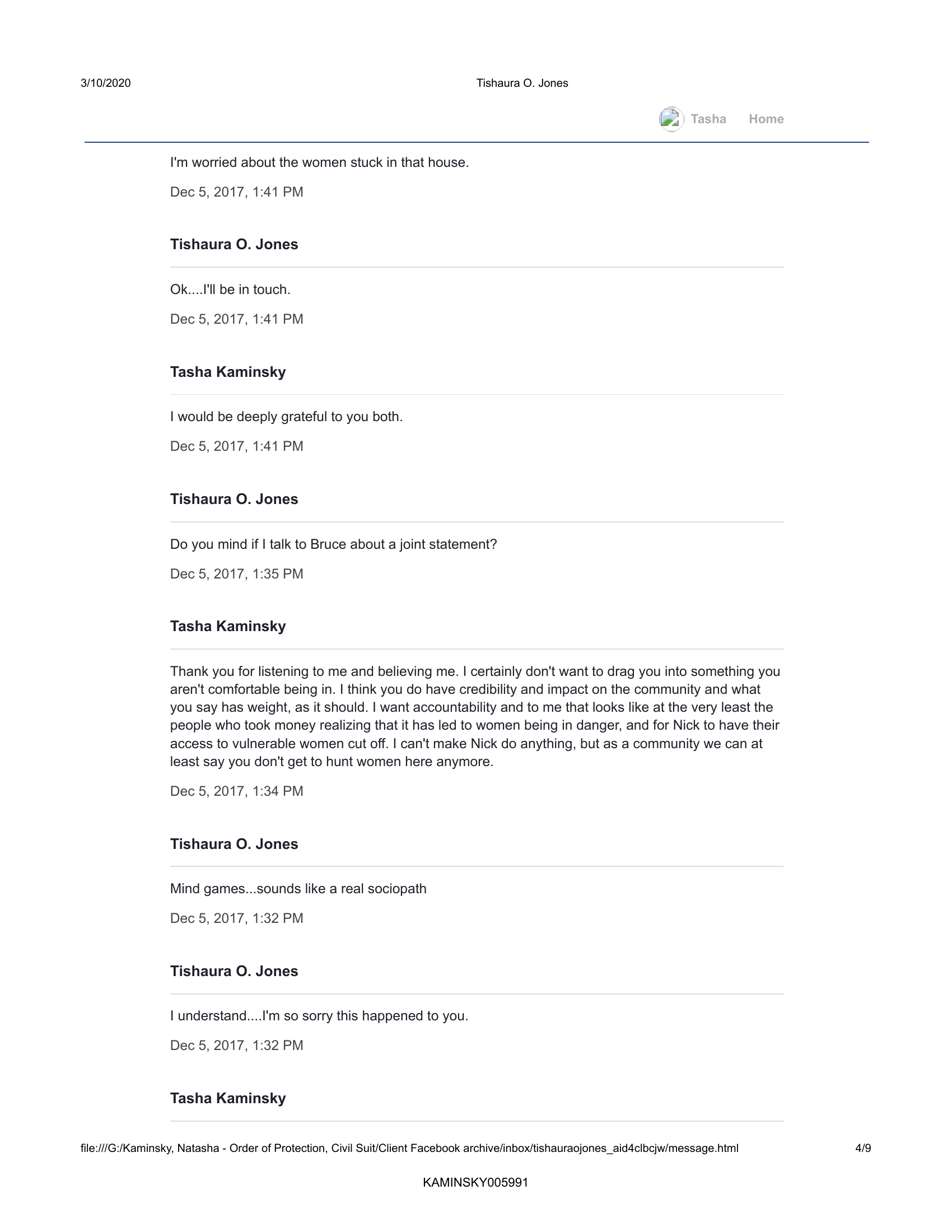 Page 4 of 9: Tasha Kaminsky and Tishaura O. Jones Facebook messages