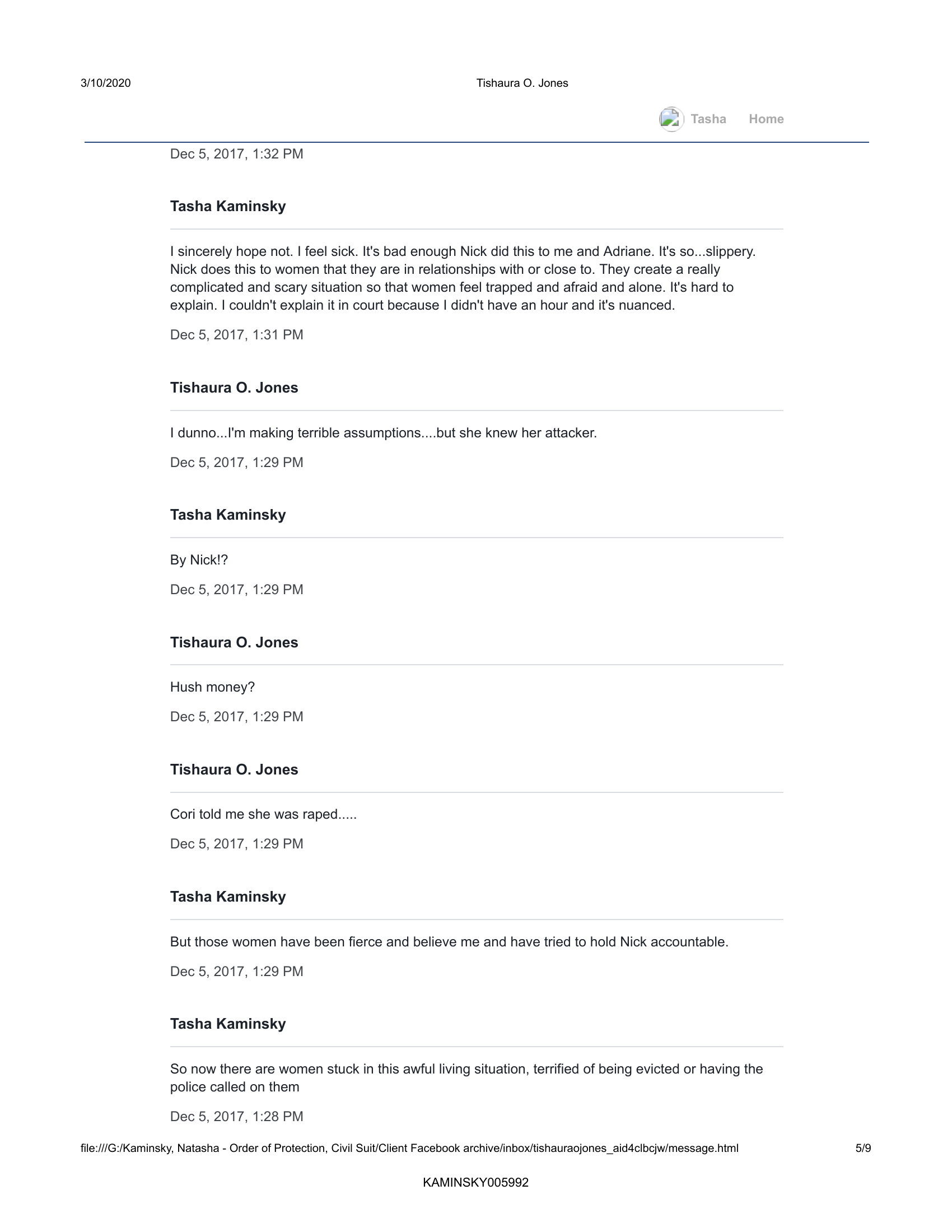Page 5 of 9: Tasha Kaminsky and Tishaura O. Jones Facebook messages