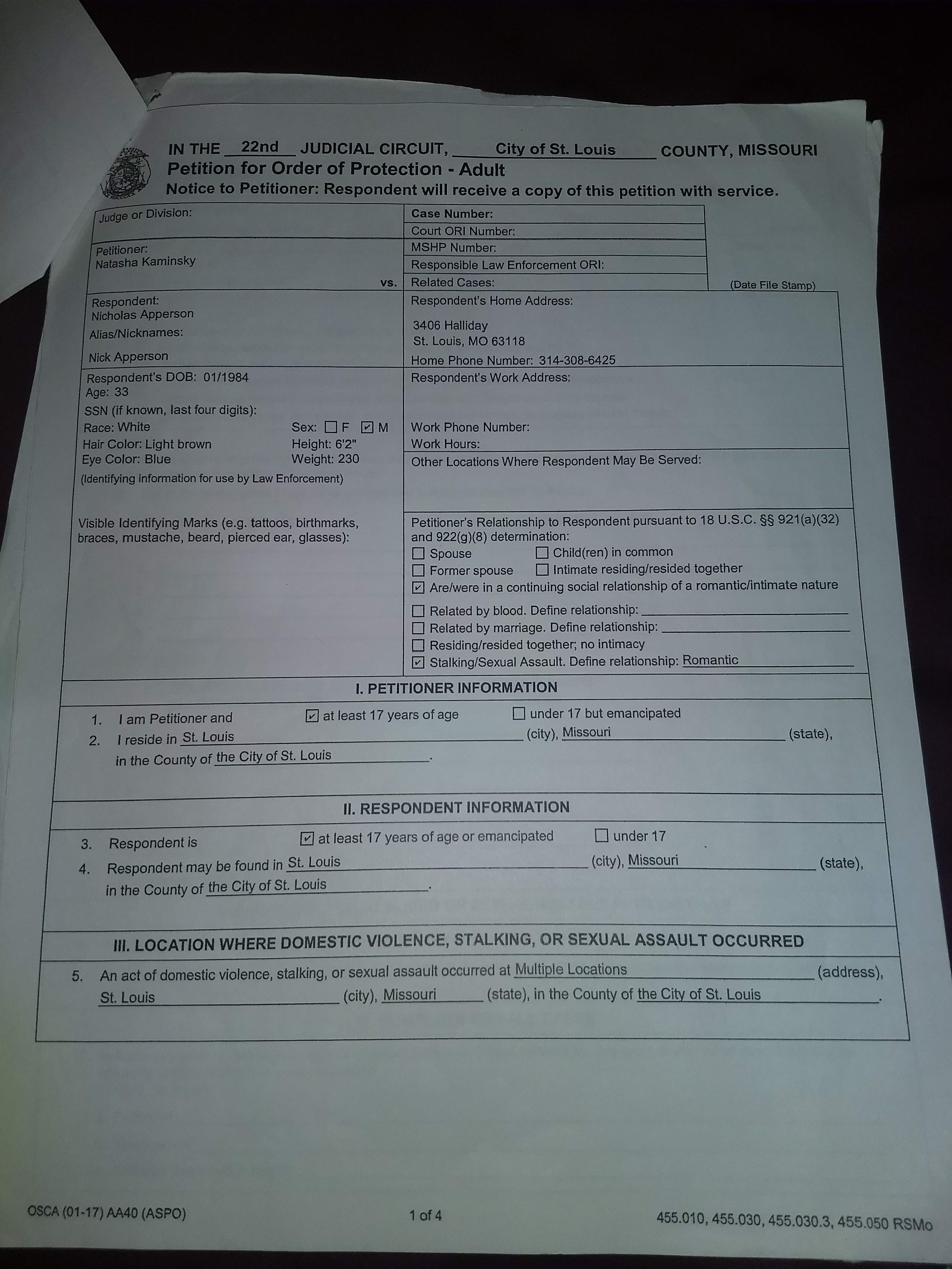 Petition for Order of Protection - Adult, Page 1 of 4, Kaminsky v. Apperson, 22nd Judicial Circuit, City of St. Louis, Missouri