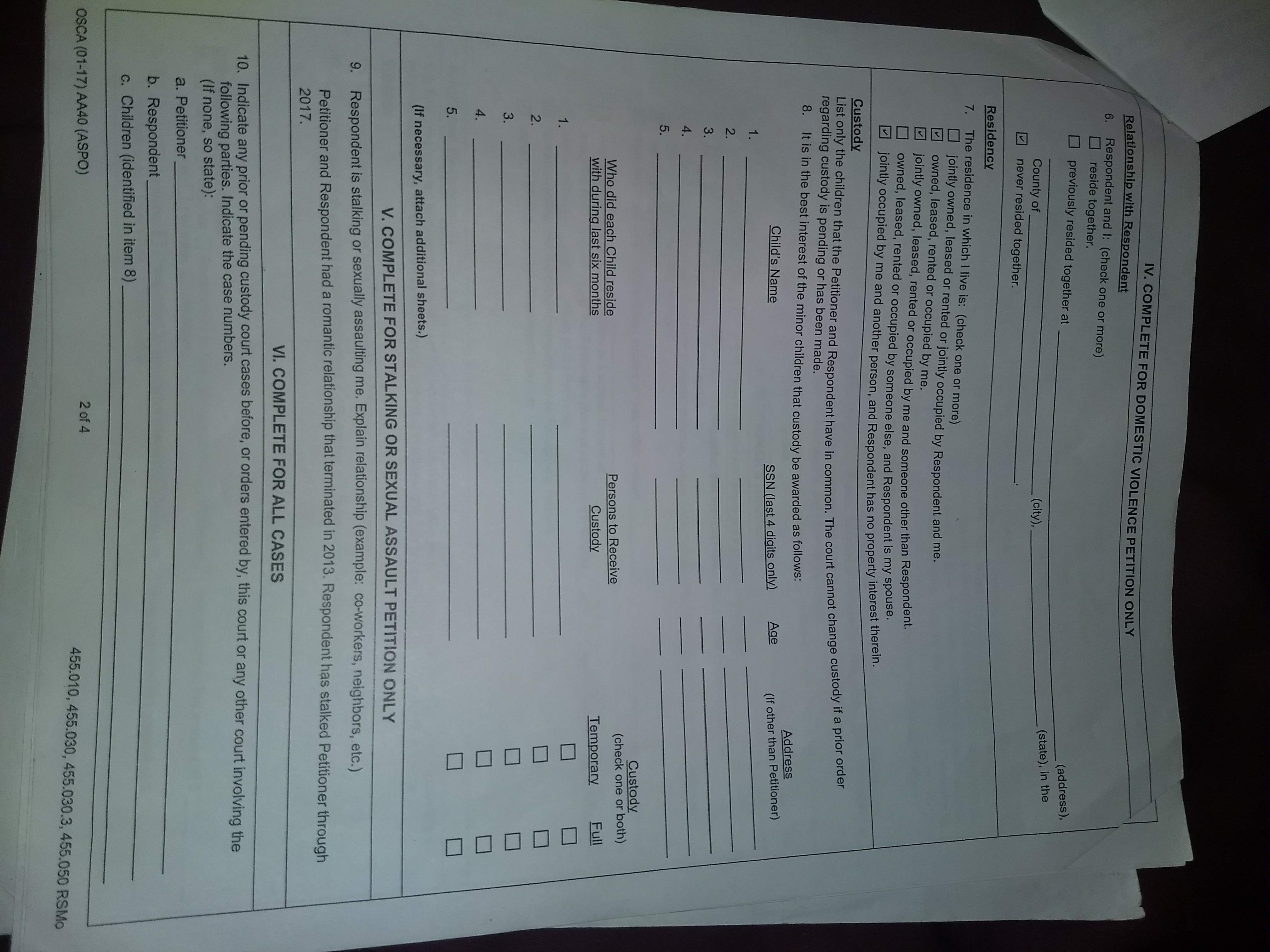 Petition for Order of Protection - Adult, Page 2 of 4, Sections IV and V: Domestic Violence and Stalking details with checkboxes for types of abuse