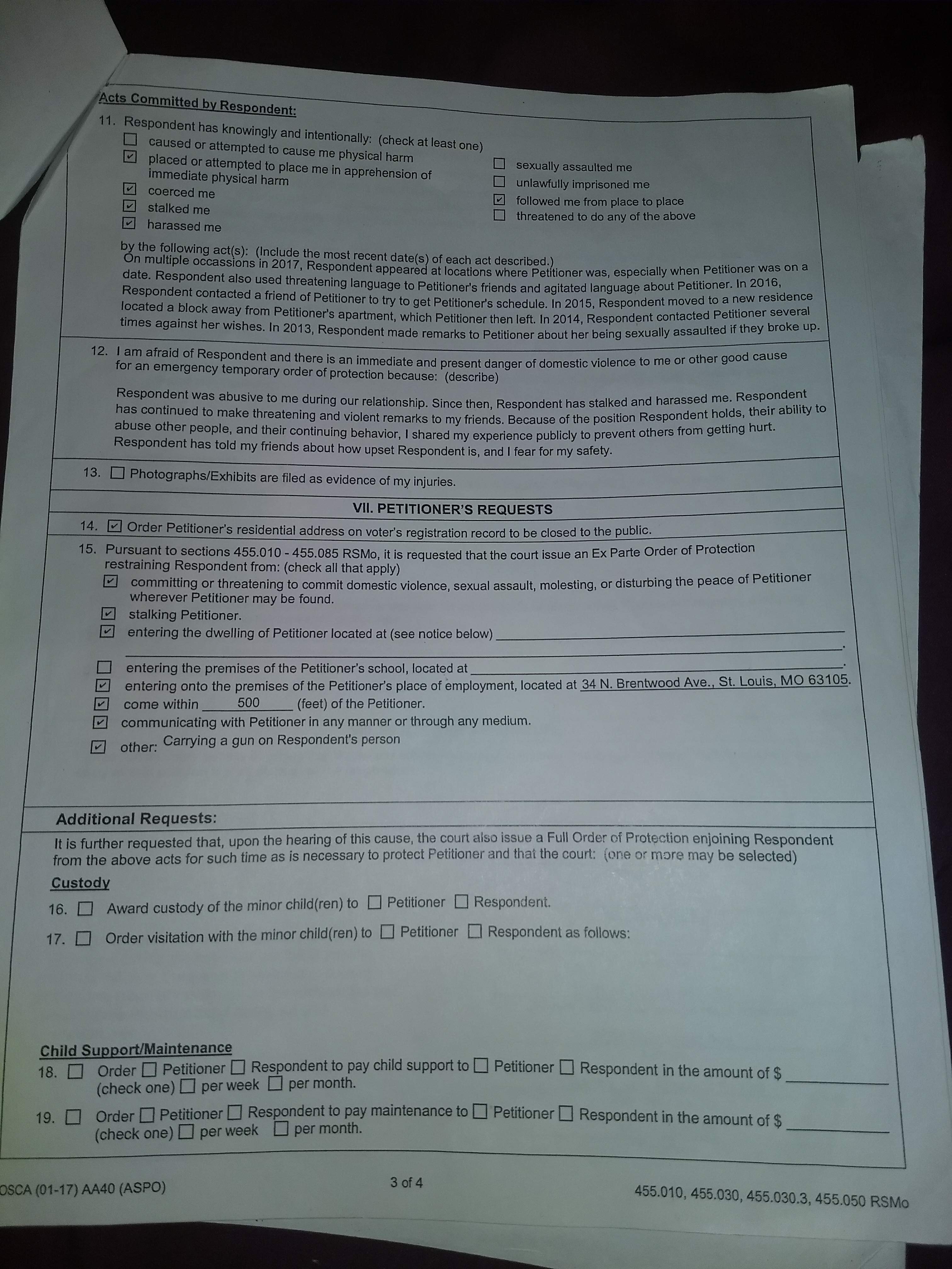 Petition for Order of Protection - Adult, Page 3 of 4, Section VI: Acts Committed by Respondent and Section VII: Petitioner's Requests
