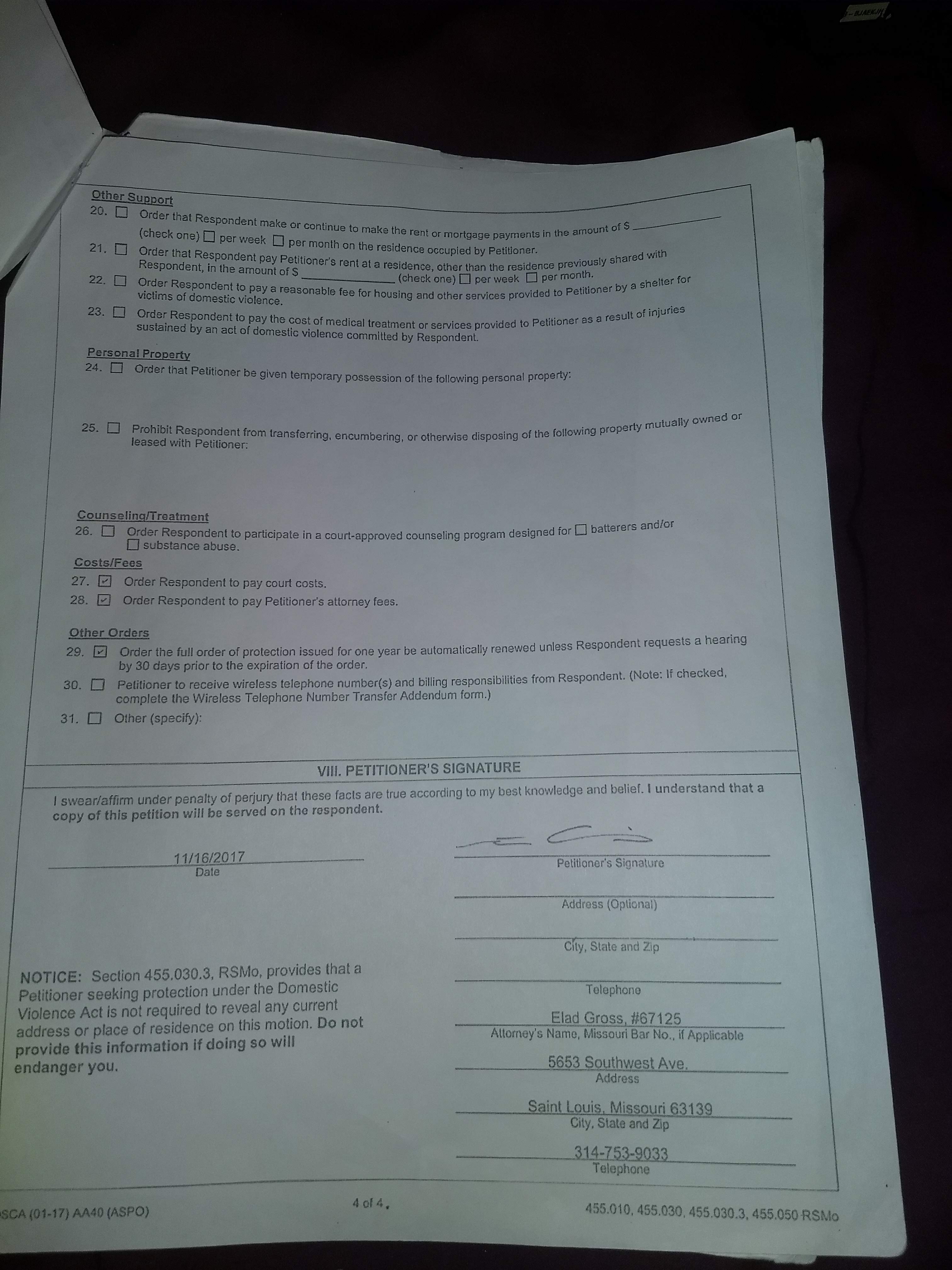 Petition for Order of Protection - Adult, Page 4 of 4, Additional requests and Petitioner's signature dated 11/16/2017