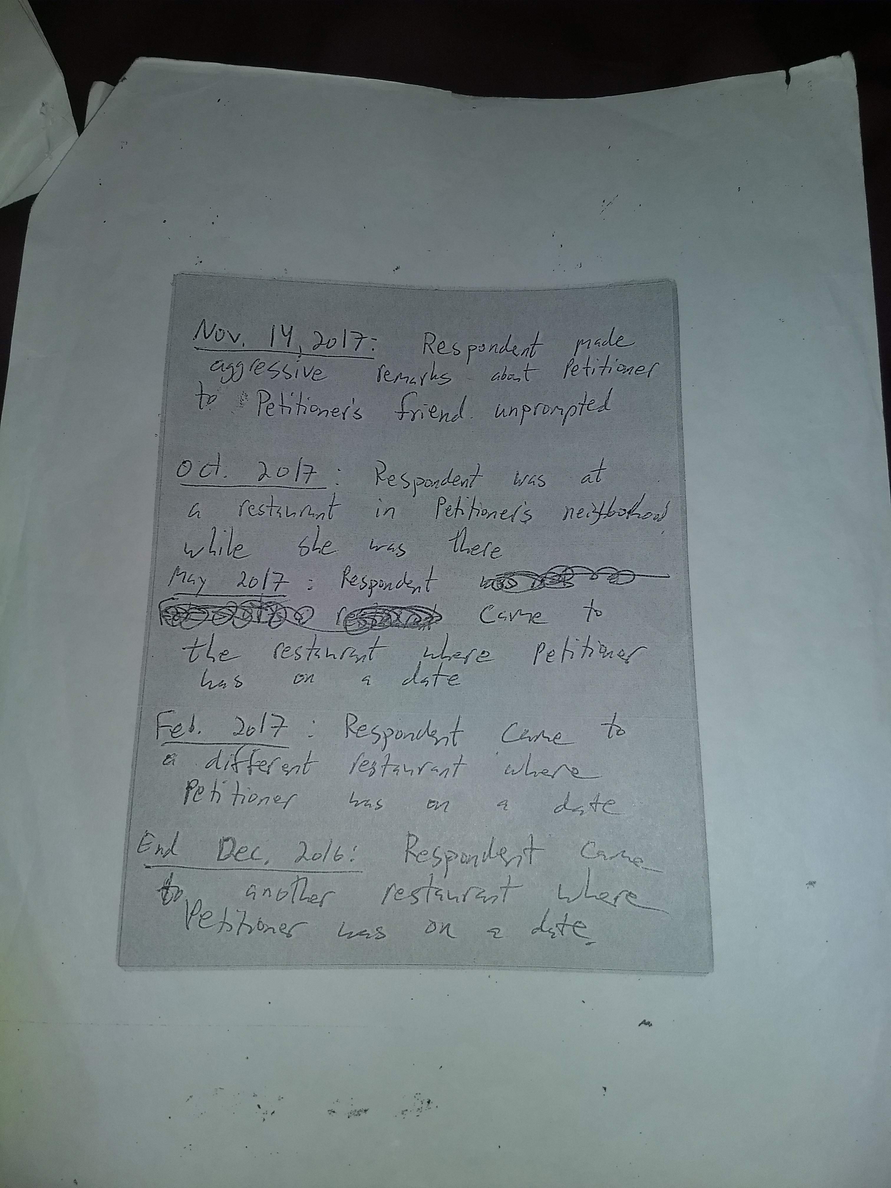 Handwritten addendum listing specific stalking incidents from December 2016 through November 2017