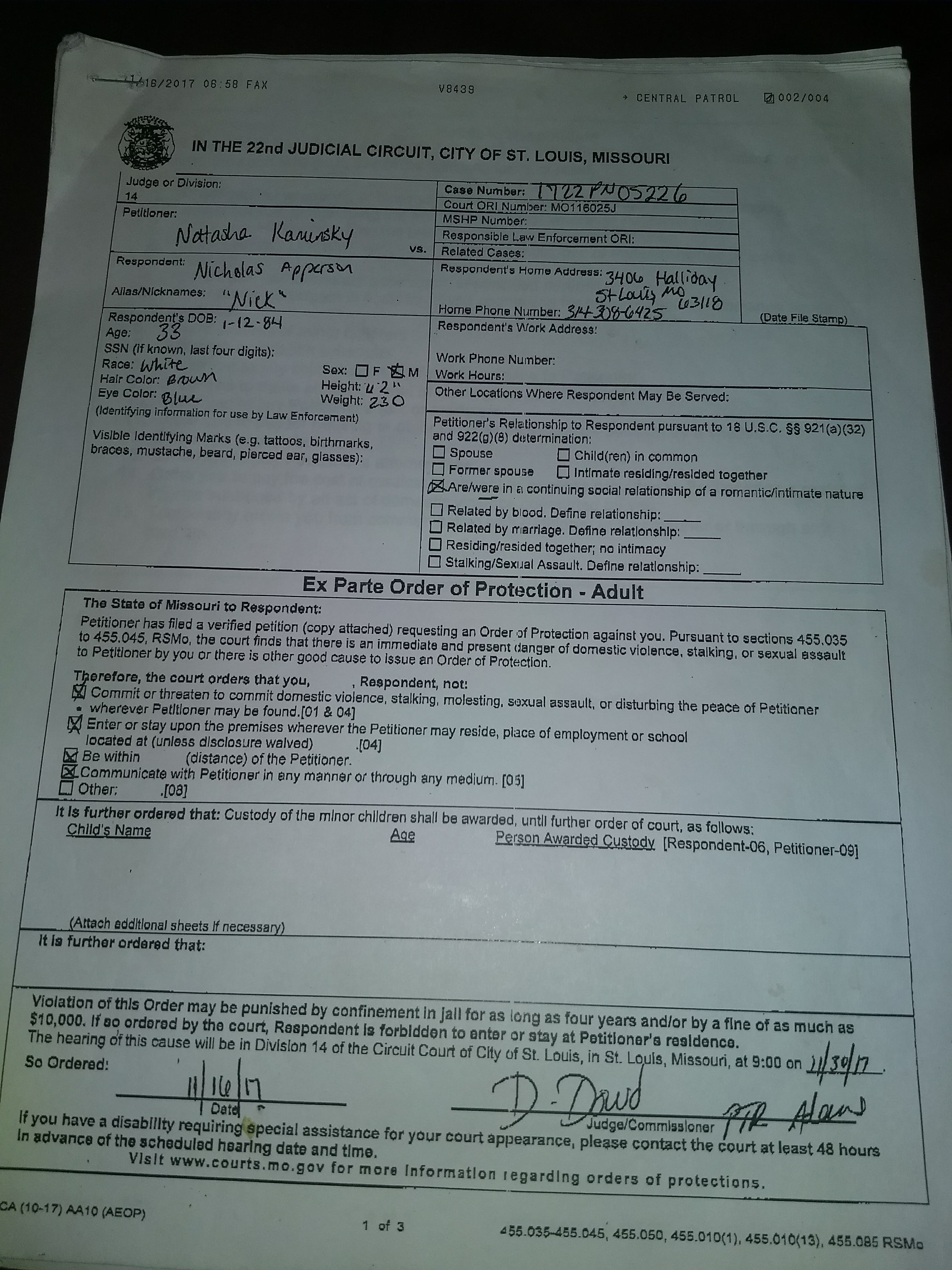 Ex Parte Order of Protection - Adult, Page 1 of 3, Case No. 1722-PM05226, granting temporary order against Nicholas Apperson