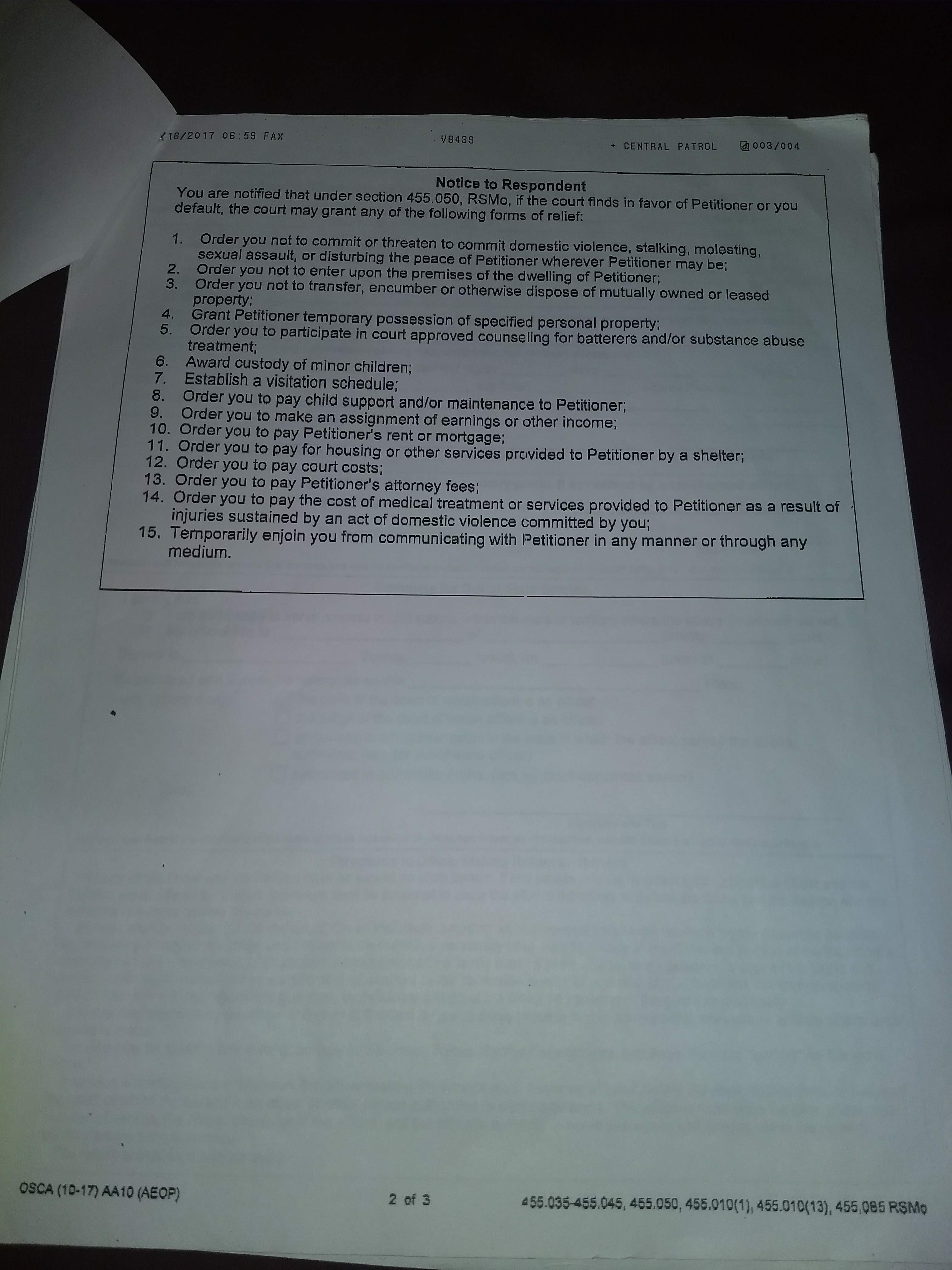 Ex Parte Order of Protection - Adult, Page 2 of 3, Notice to Respondent listing 16 forms of possible court-ordered relief