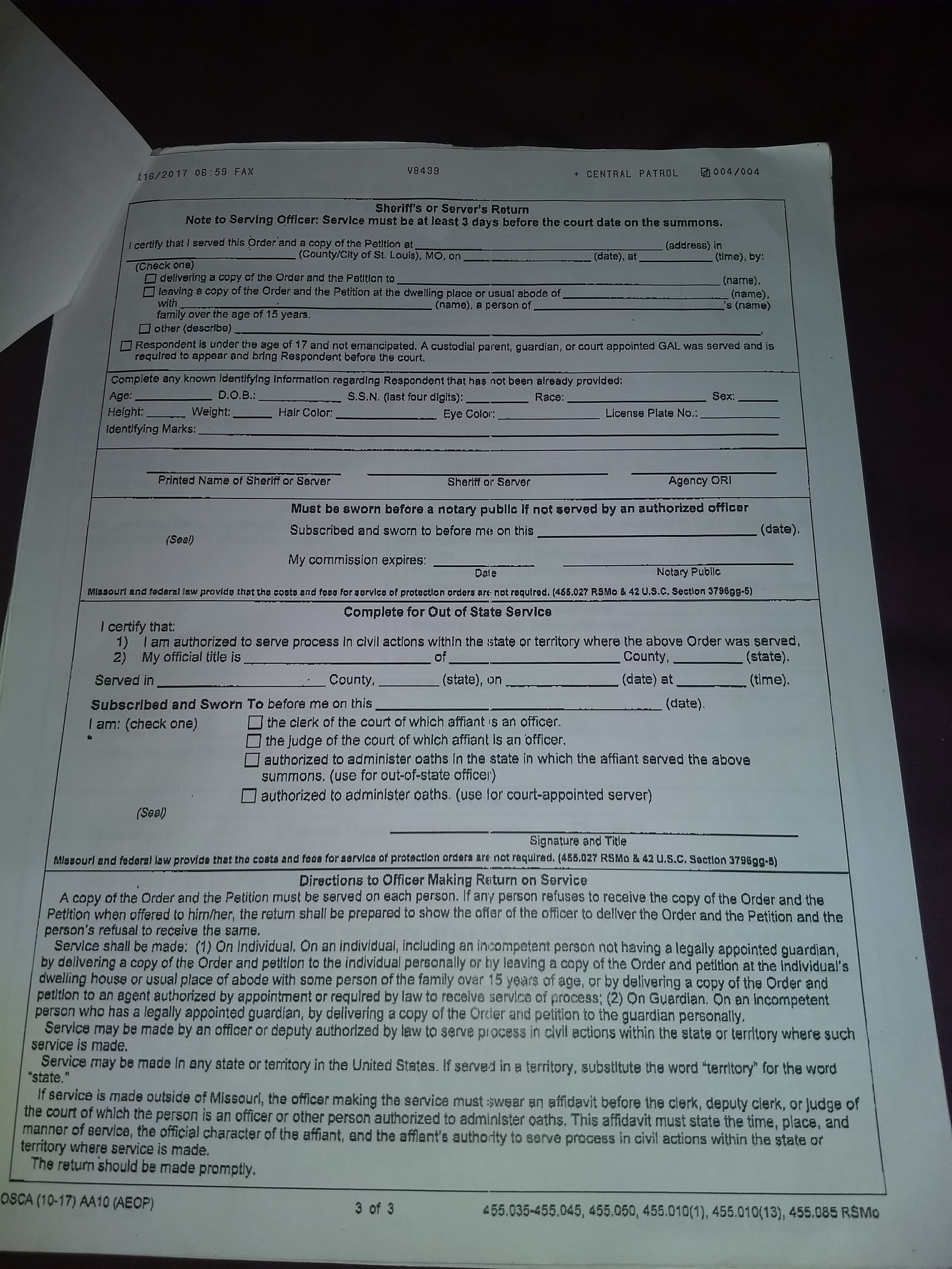 Ex Parte Order of Protection - Adult, Page 3 of 3, Sheriff's or Server's Return and Directions to Officer Making Return on Service