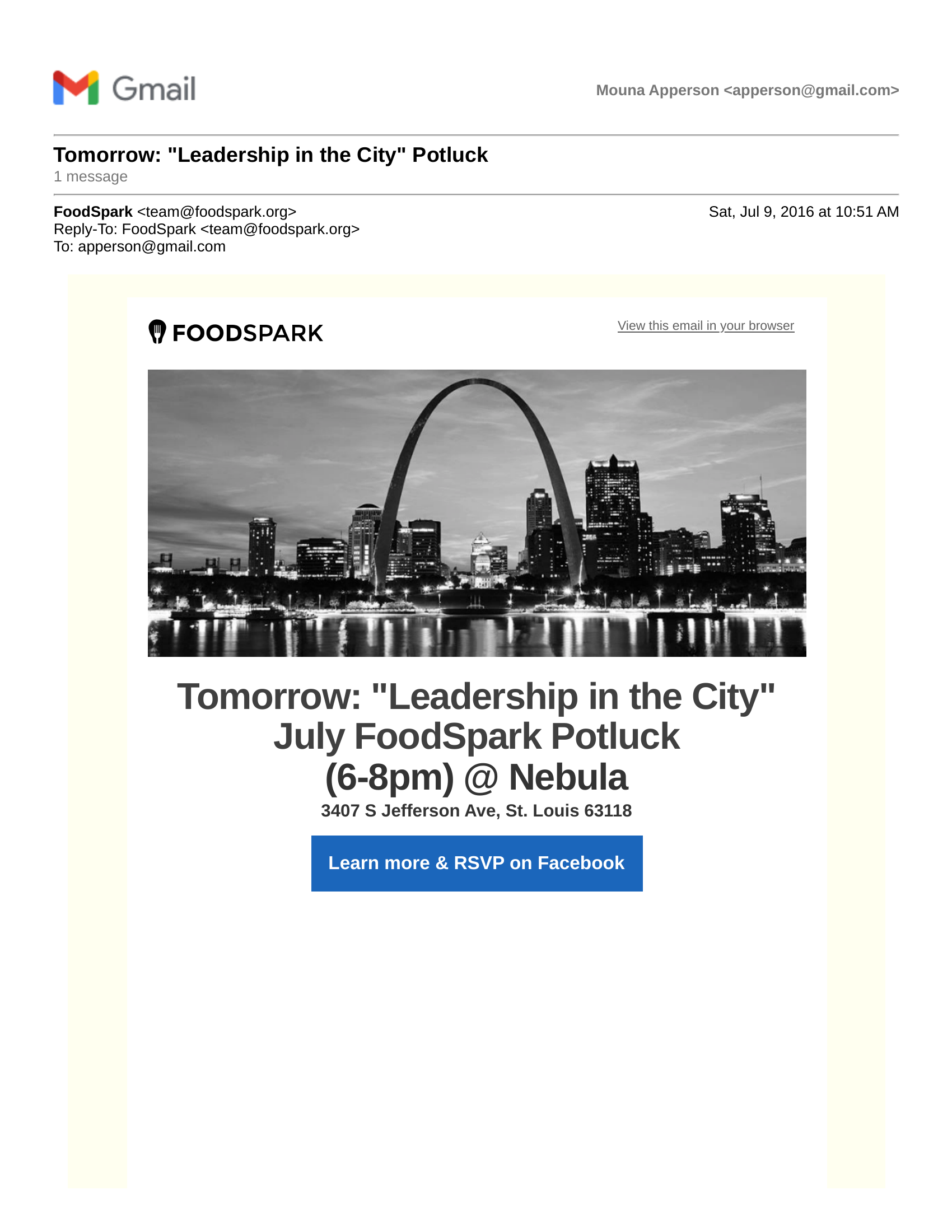 FoodSpark email confirming July 10, 2016 potluck at Nebula Coworking, page 1