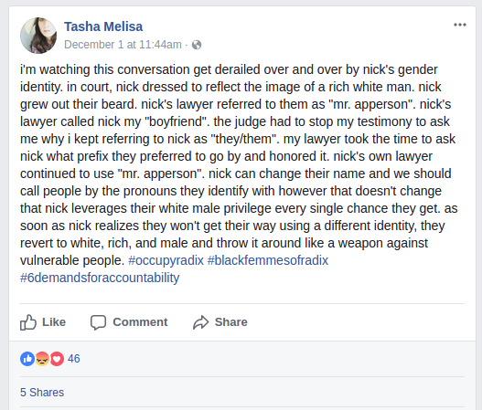 Screenshot of Tasha Kaminsky&rsquo;s anti-trans Facebook post from December 1, 2017