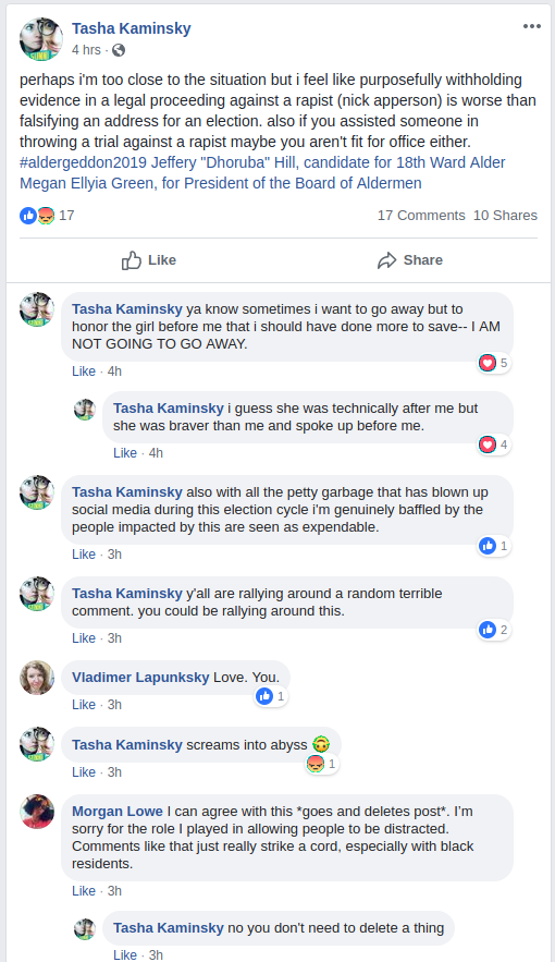 Tasha Kaminsky Facebook post calling out Megan Green and Dhoruba Hill