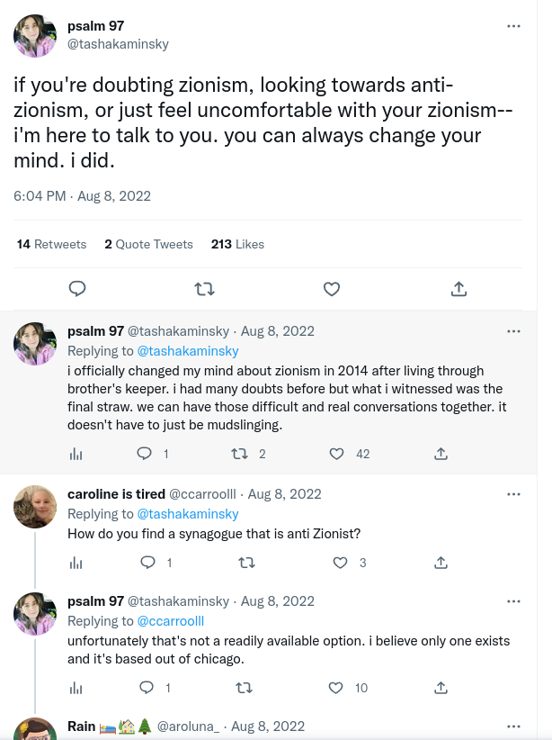Screenshot of Tasha Kaminsky&rsquo;s Twitter posts about changing her position on Zionism