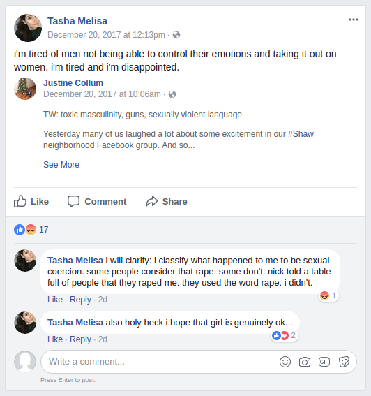 Tasha Kaminsky Facebook post and comments, December 20, 2017