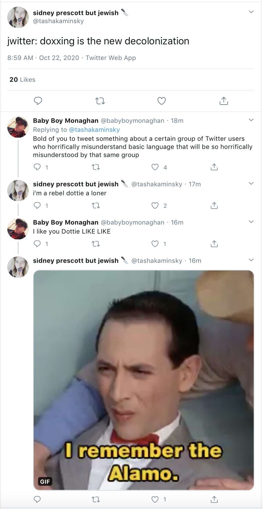 Tasha Kaminsky tweet: doxxing is the new decolonization, October 22, 2020