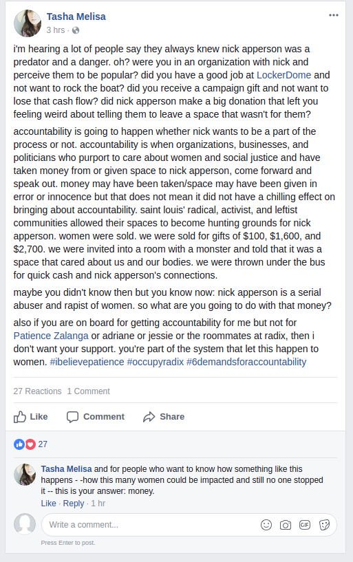 Tasha Kaminsky public Facebook post, December 5, 2017, calling for accountability regarding Nick Apperson and those who accepted his money
