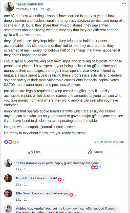 Tasha Kaminsky public Facebook post, November 27, 2018, about accountability failures in progressive organizations