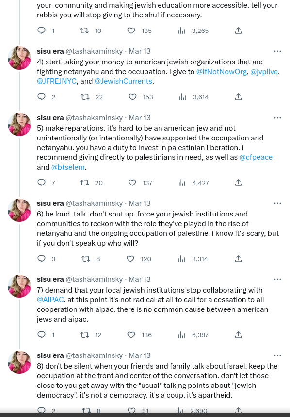 Screenshot of Tasha Kaminsky&rsquo;s Twitter posts on Israel/Palestine