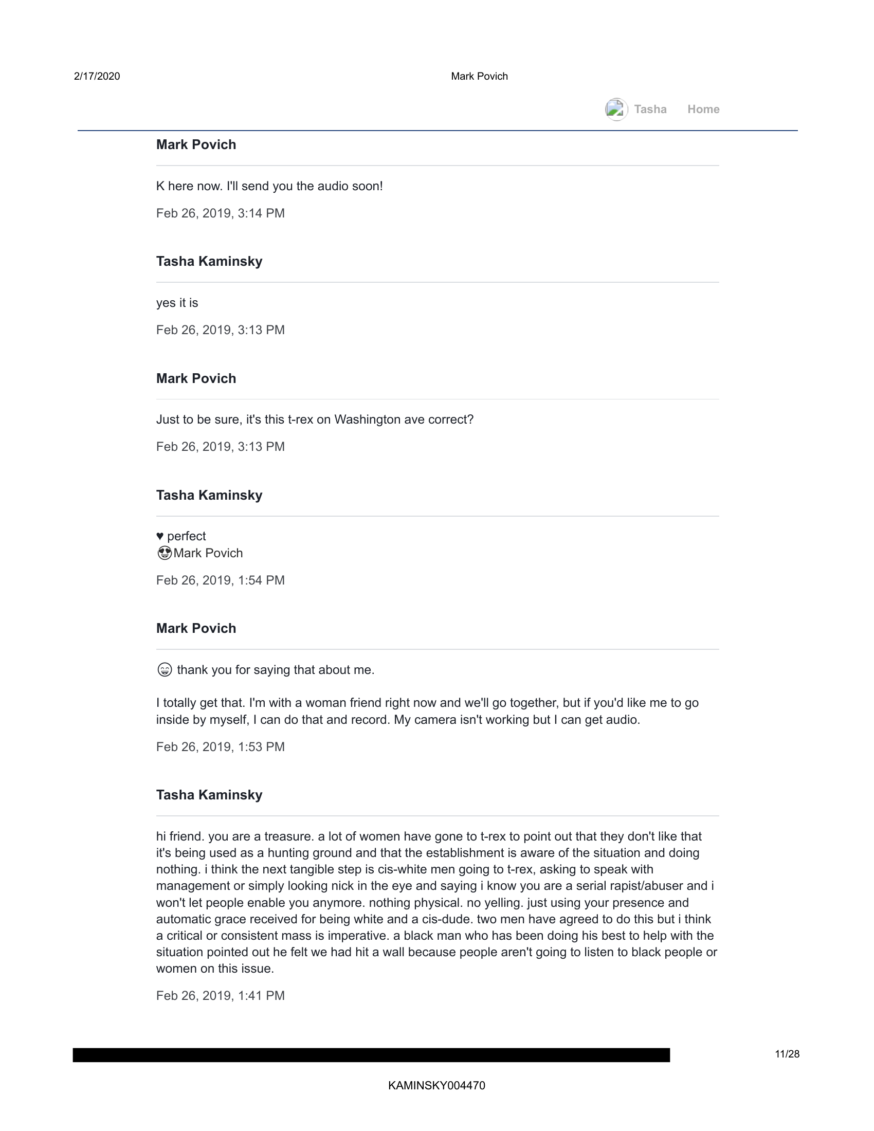 Tasha Kaminsky sends Mark Povich to confront Mouna at T-Rex, February 26, 2019