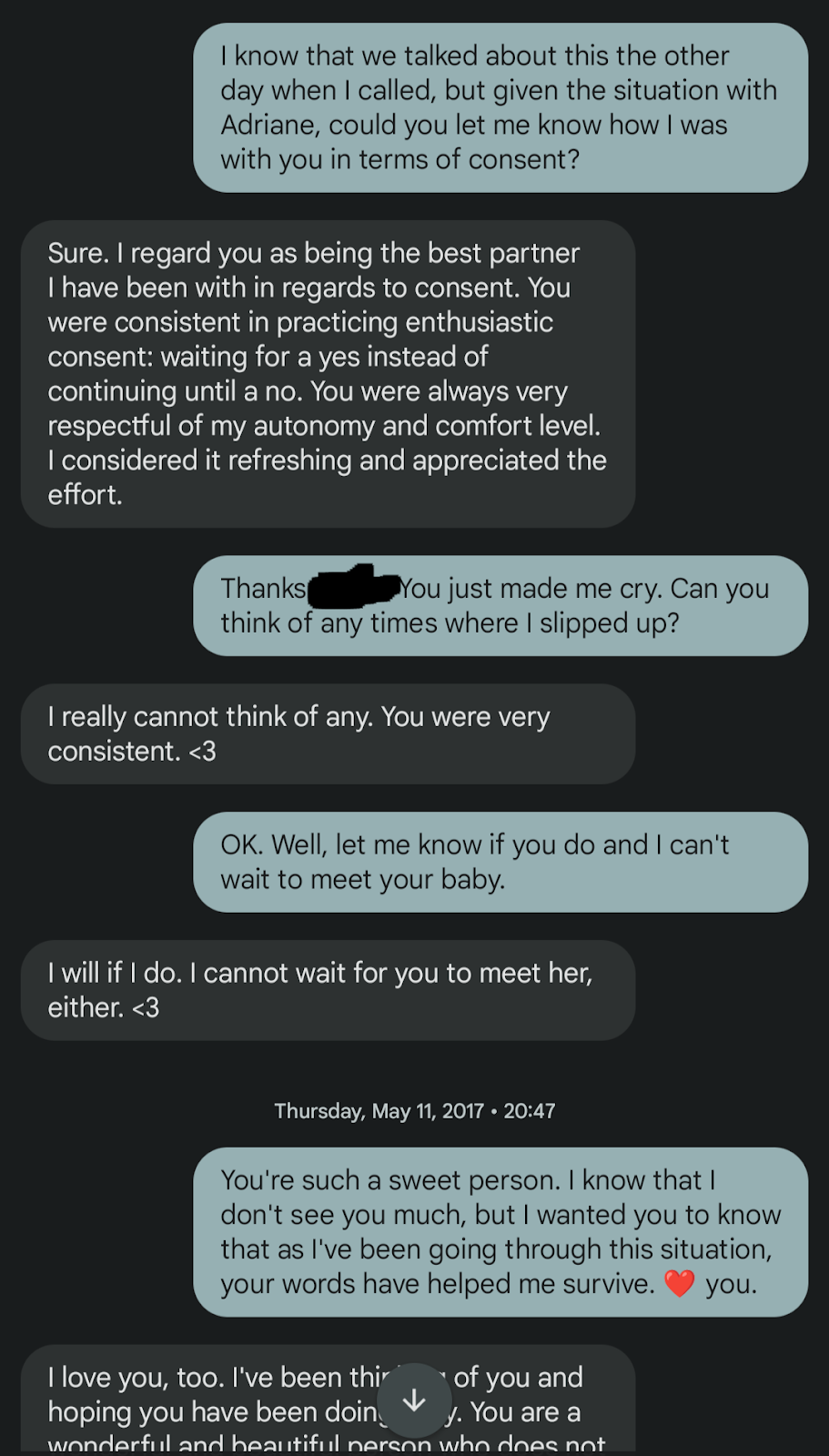 Screenshot of text exchange where Mouna&rsquo;s ex describes them as the best partner in regards to consent